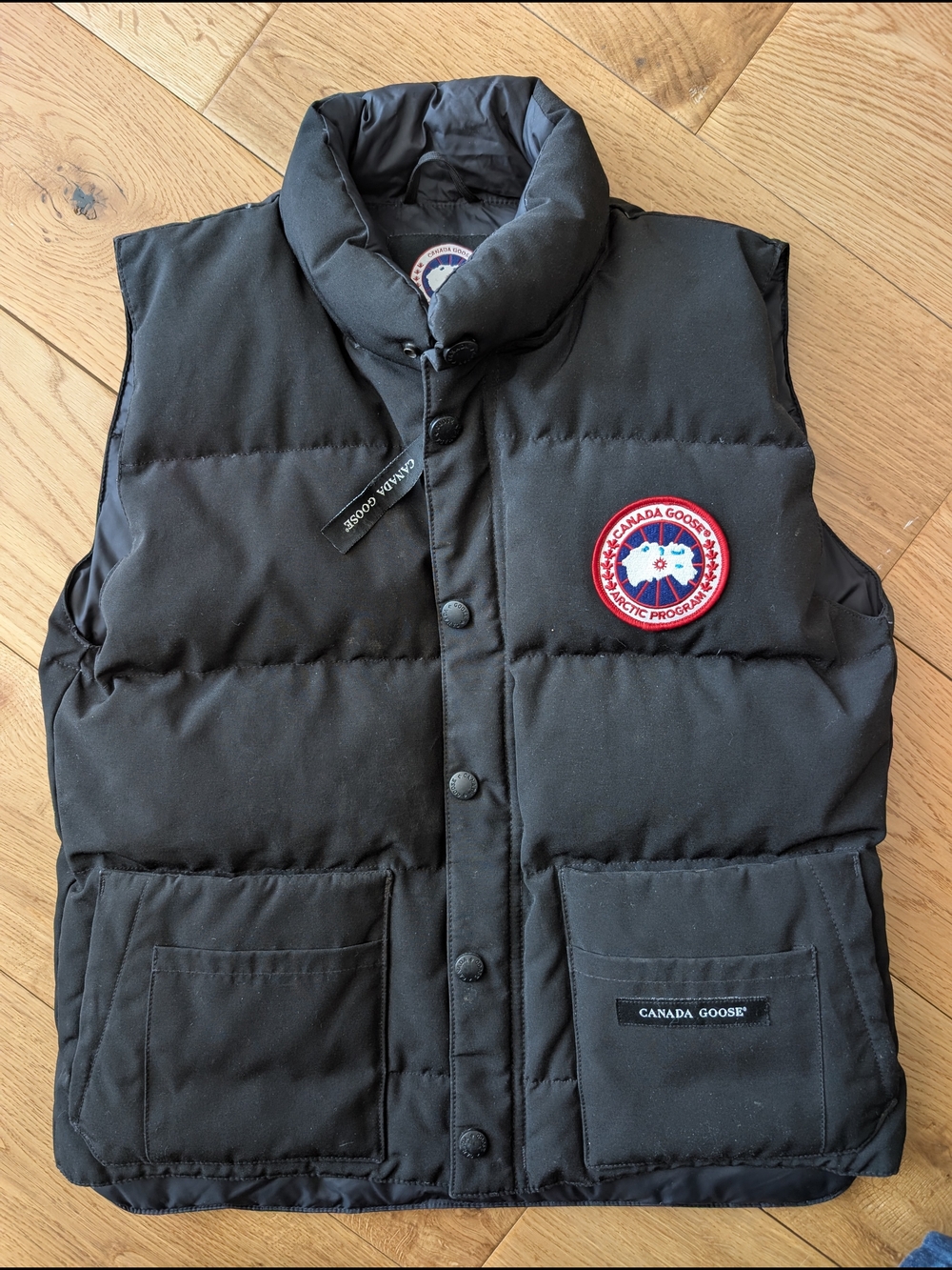 Canada Goose Kids Black Puffer Vest with Red Logo Patch